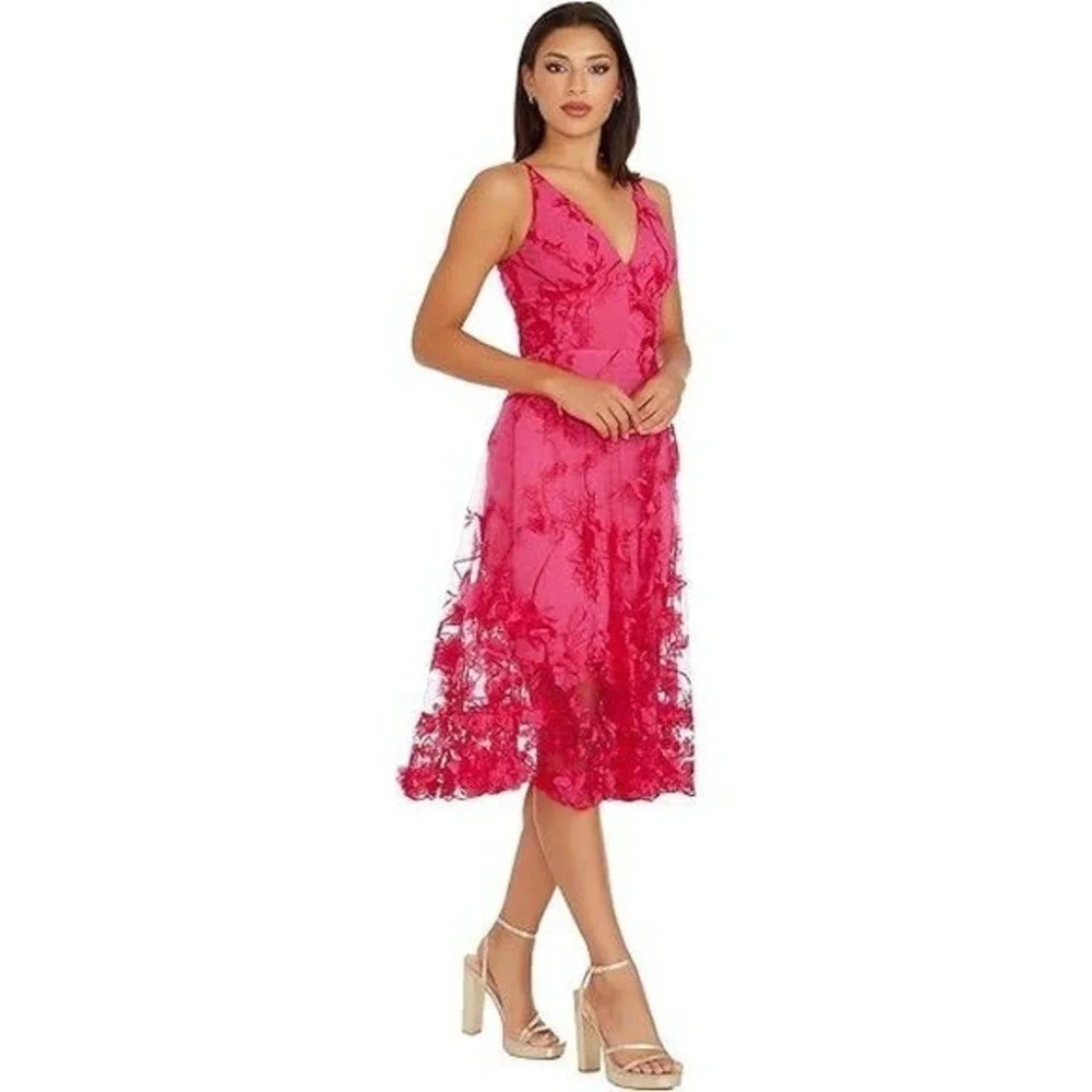 Dress The Population Audrey 3D Floral V-Neck Sleeveless Fuchsia‎ Pink Midi Dress